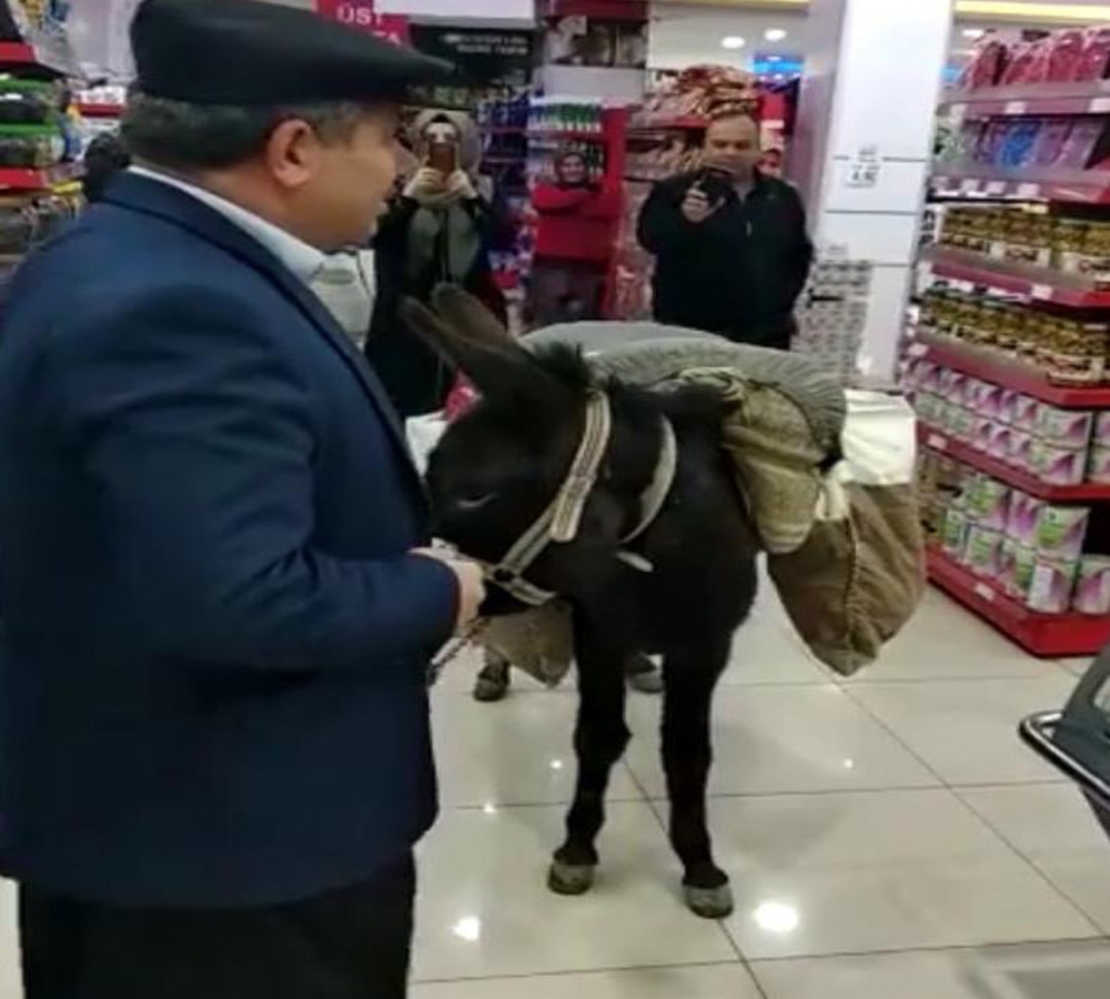 Niğde'de görenler şaştı kaldı! Markete eşekle geldi, poşet yerine heybeyi kullandı